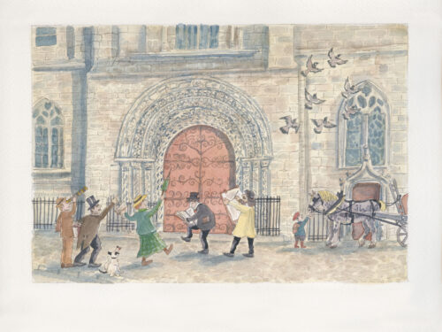 Discussion d'Historiens devant le portail occidental de l'Eglise St Basile d'Etampes »