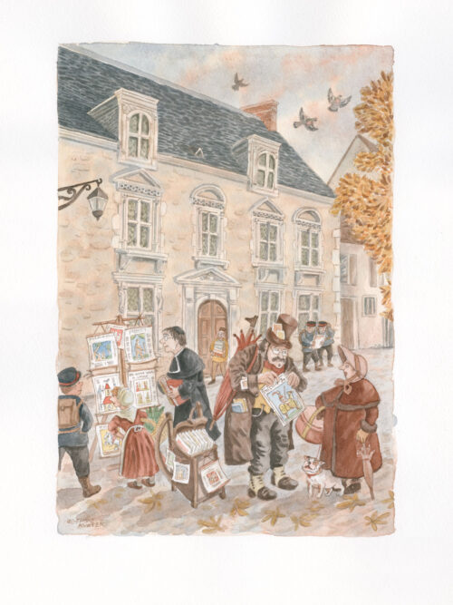 Le colporteur d'images d'almanache devant l'Hôtel Diane de Poitiers à Etampes