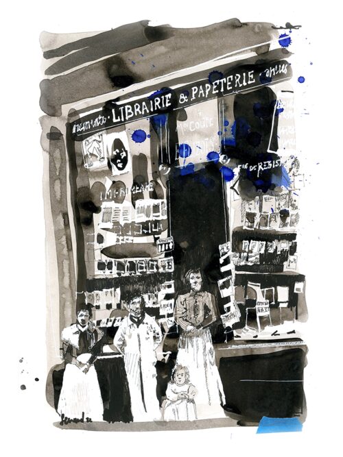 La famille devant la Librairie Flizot