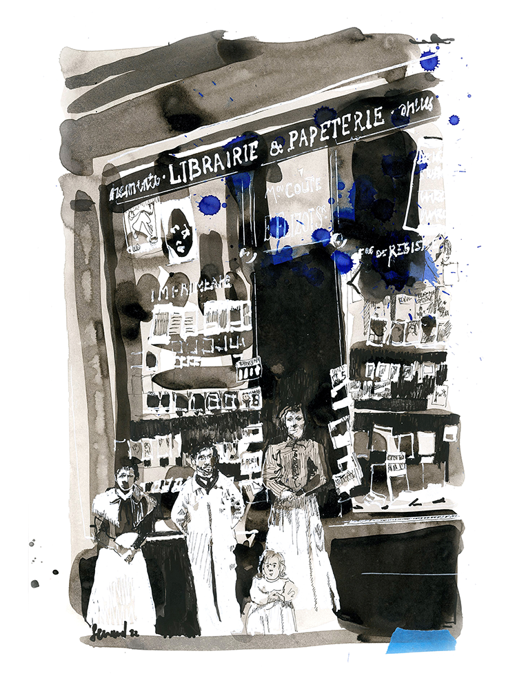 La famille devant la Librairie Flizot